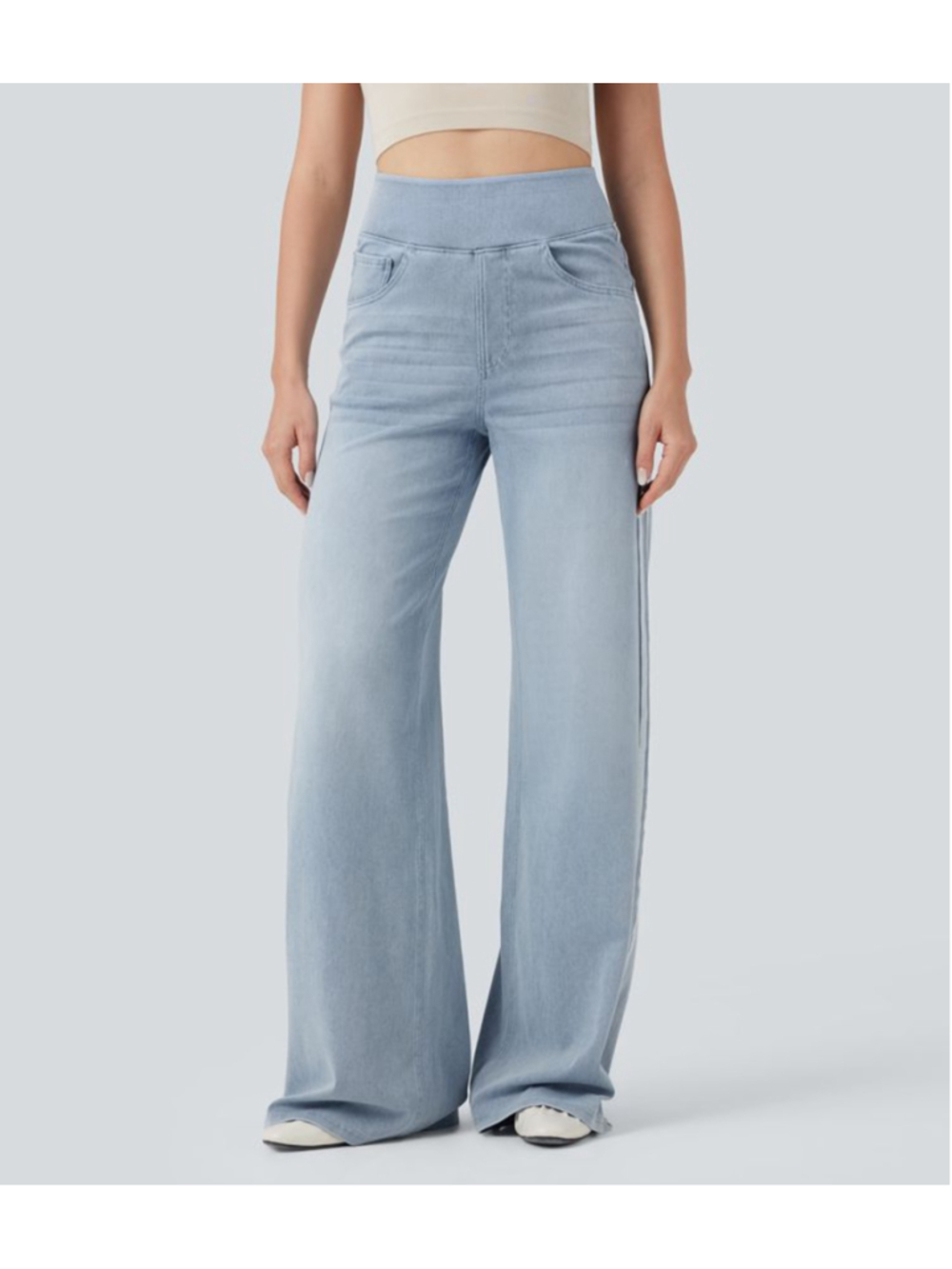 Halara Flex™ High Waisted Stripe Wide Leg Flowy Washed Casual Jeans Light Blue M - Picture 3 of 14